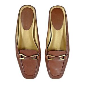 Bandolino Mule‎ Slides Women 9.5 Caramel Brown Leather Brass Buckle Rubber Soles